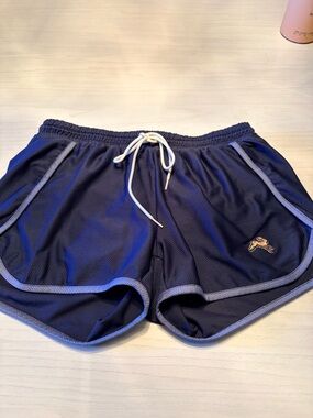 Tracksmith Van Cortlandt Navy Athletic Shorts with Light Blue Trim